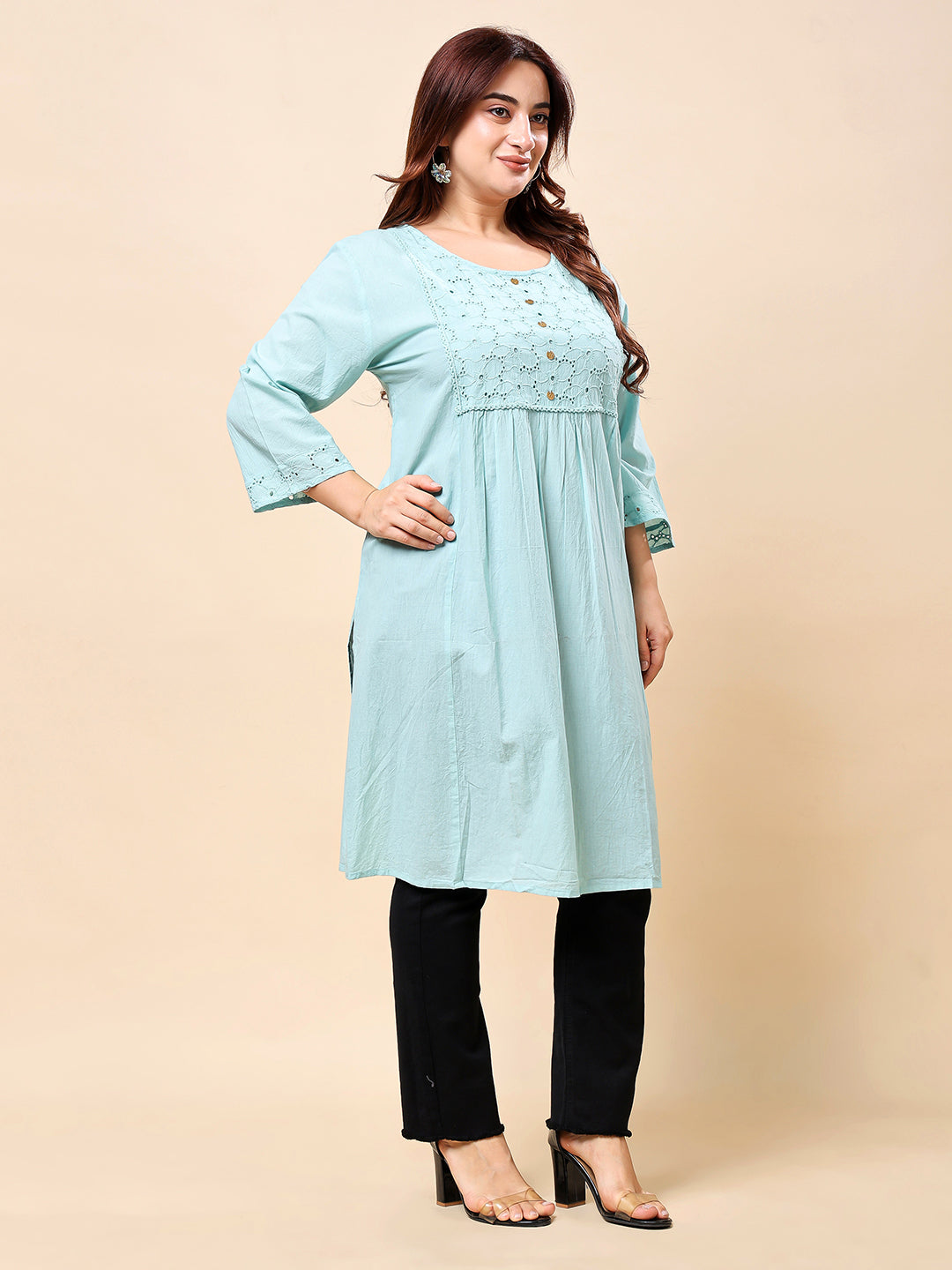 Light Blue Plus Size Long Cotton Kurti-Style Embroidered Tunic for Women | Vaamii