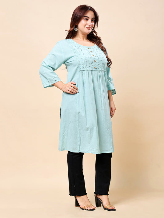 Light Blue Plus Size Long Cotton Kurti-Style Embroidered Tunic for Women | Vaamii