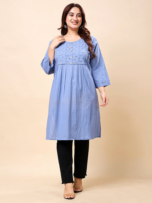 Light Blue Cotton Long Kurti-Style Embroidered Tunic for Women | Vaamii