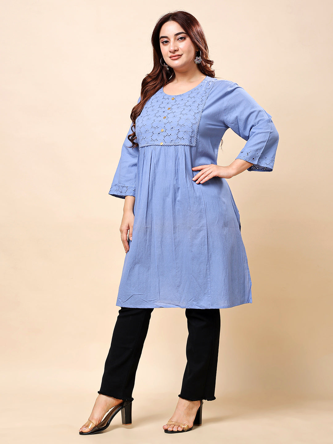 Light Blue Cotton Long Kurti-Style Embroidered Tunic for Women | Vaamii