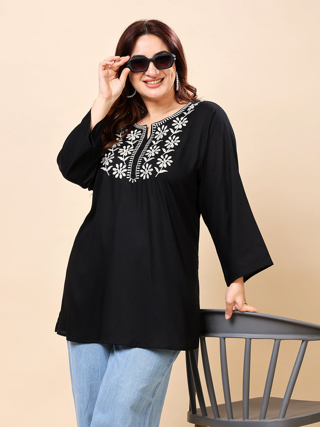 Black Embroidered Rayon Tunic Top | Vaamii