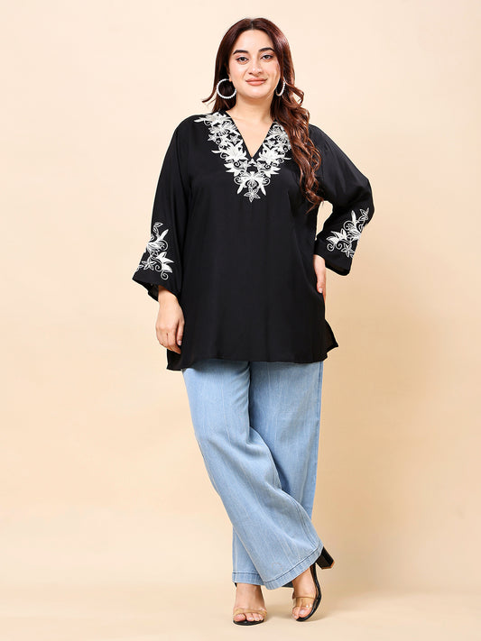 Black V-Neck Embroidered Rayon Tunic Top | Vaamii