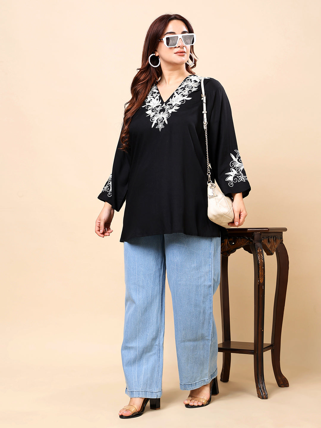 Black V-Neck Embroidered Rayon Tunic Top | Vaamii