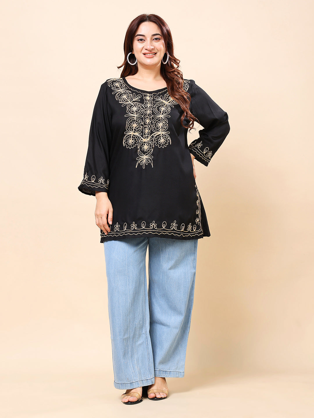 Black Golden Embroidered Rayon Tunic Top| Vaamii