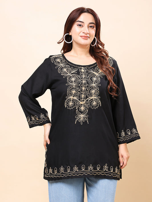 Black Golden Embroidered Rayon Tunic Top| Vaamii
