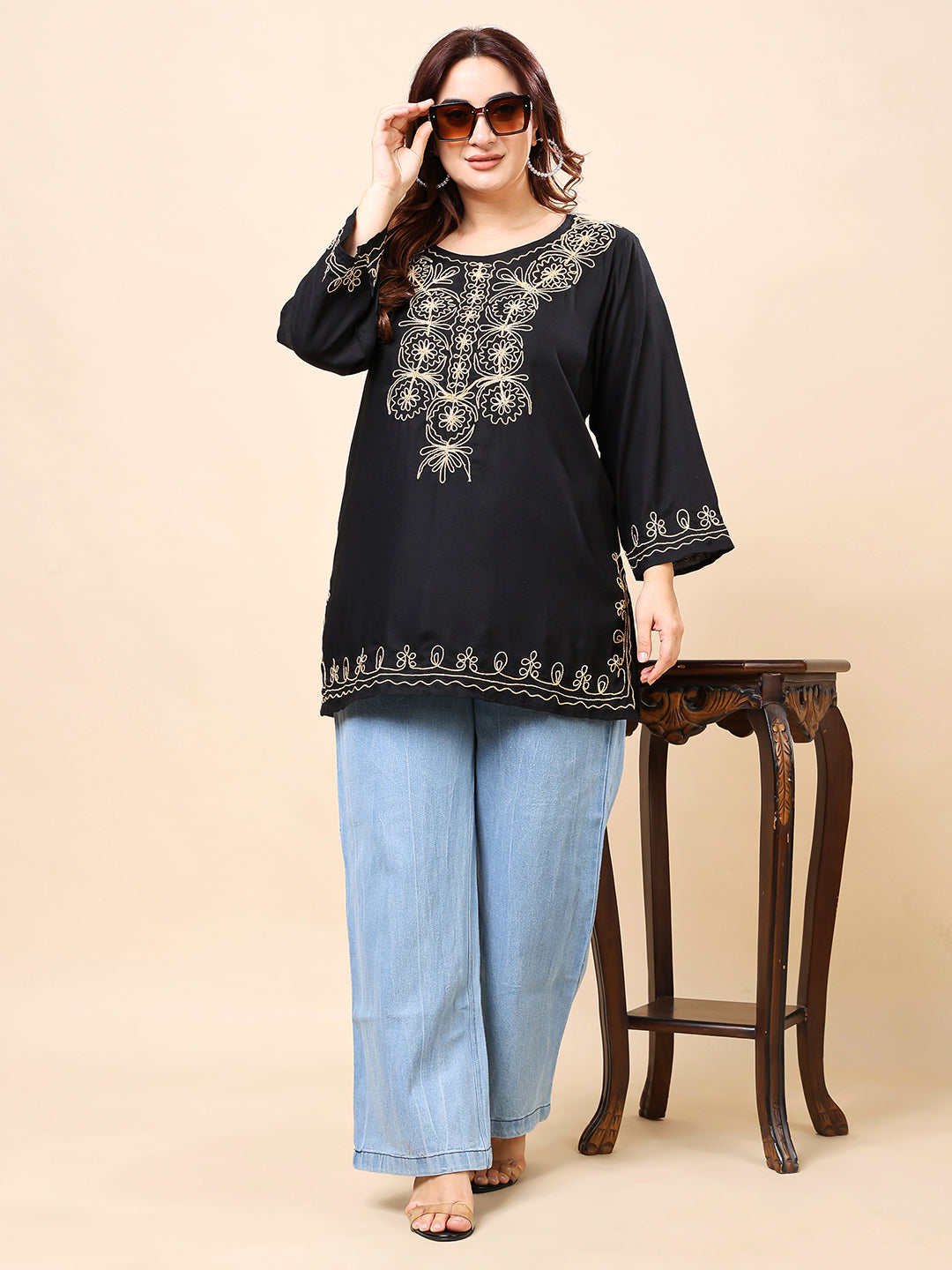 Black Golden Embroidered Rayon Tunic Top| Vaamii