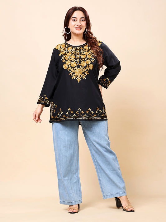 Black Heavy Golden Embroidered Rayon Tunic Top | Vaamii