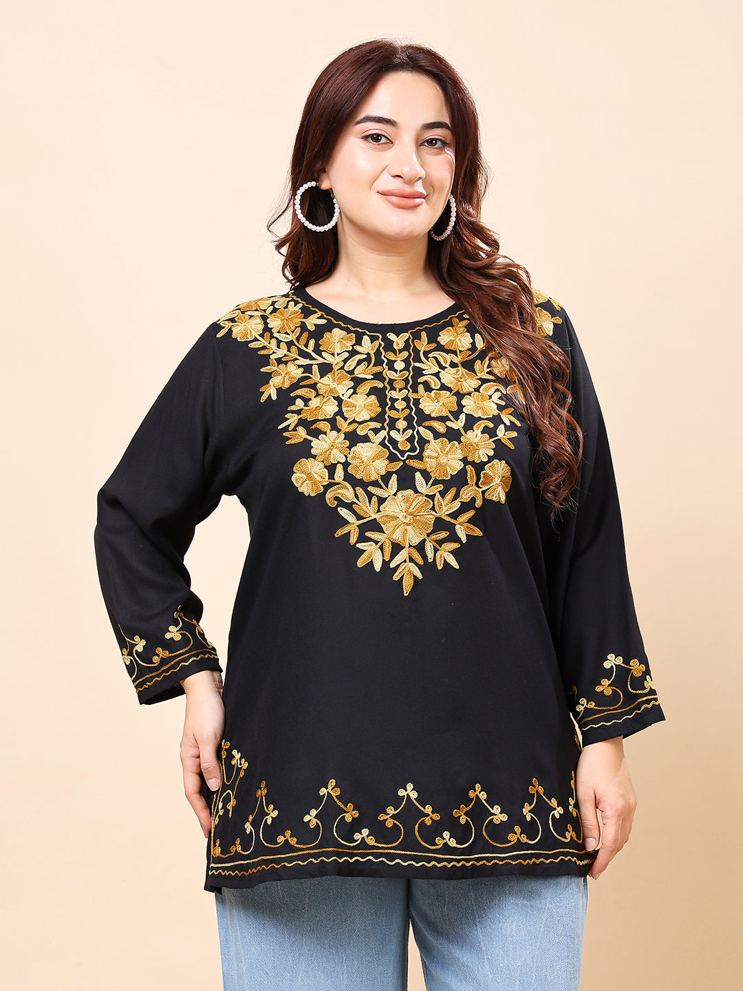 Black Heavy Golden Embroidered Rayon Tunic Top | Vaamii