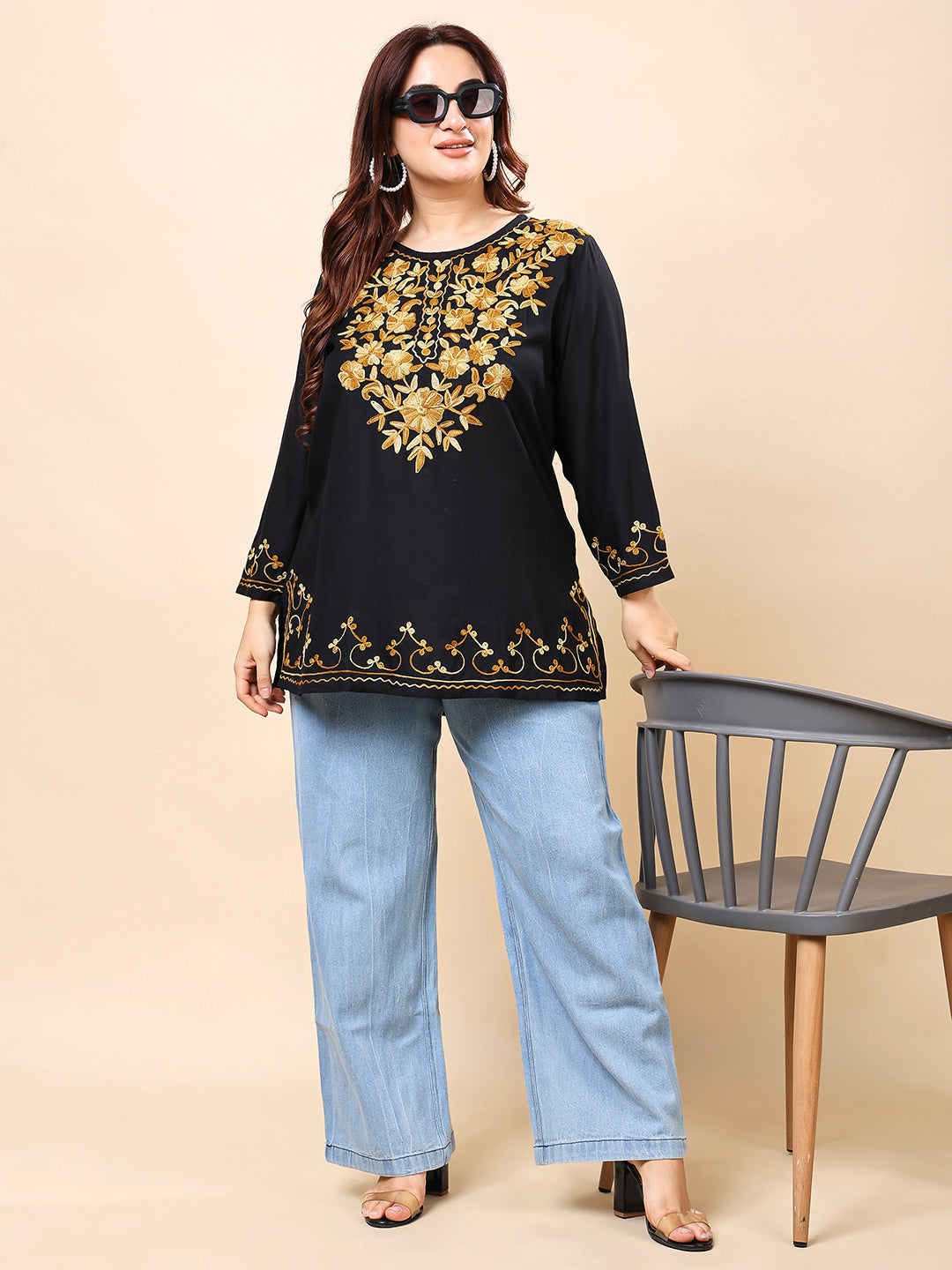Black Heavy Golden Embroidered Rayon Tunic Top | Vaamii