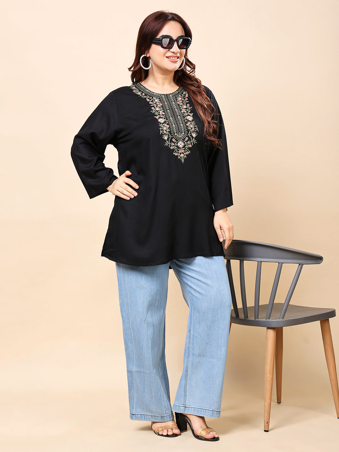 Black Multicolor Embroidered Rayon Tunic Top | Vaamii