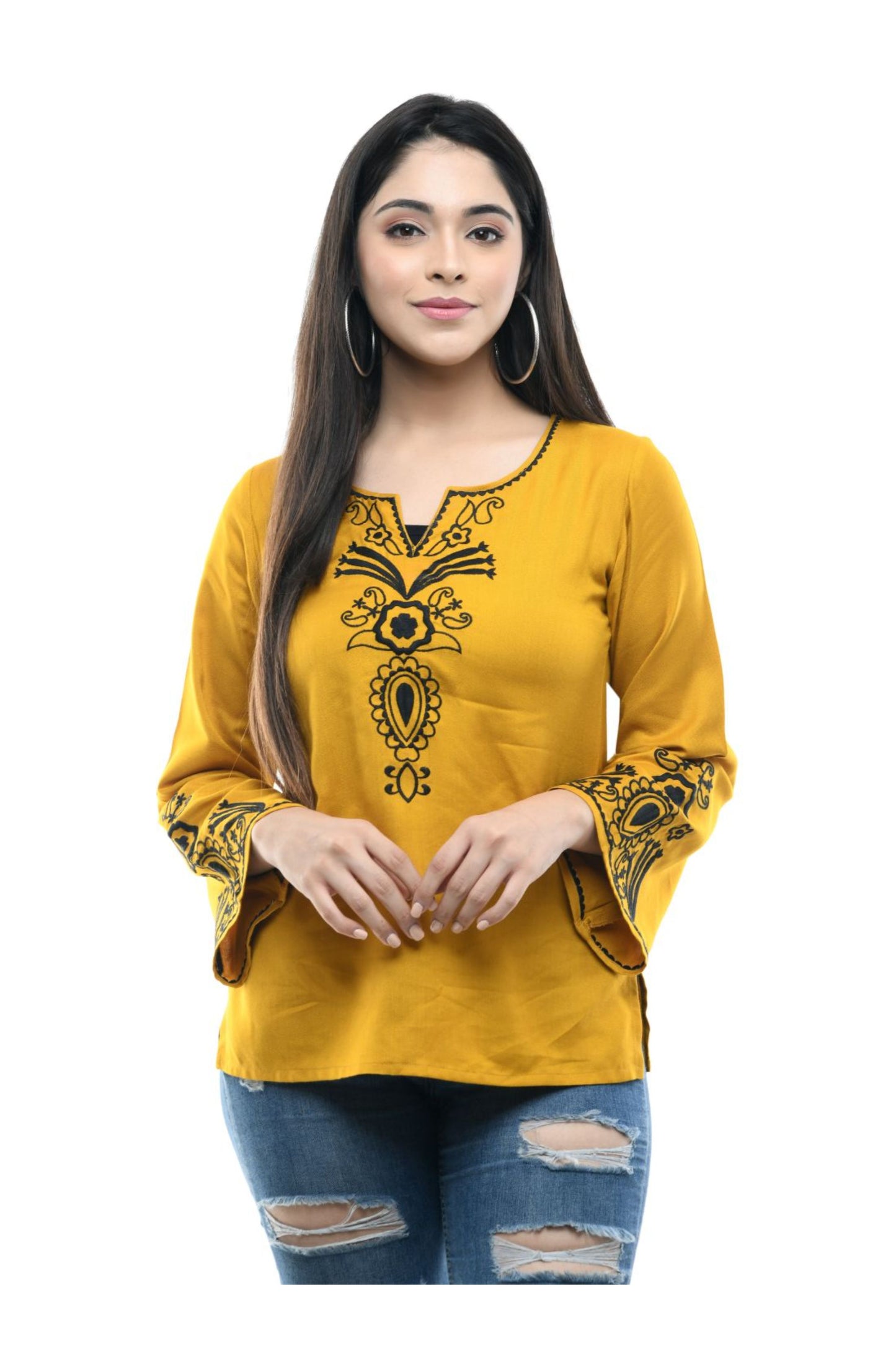 Mustard Floral Embroidered Tunic Top | Vaamii