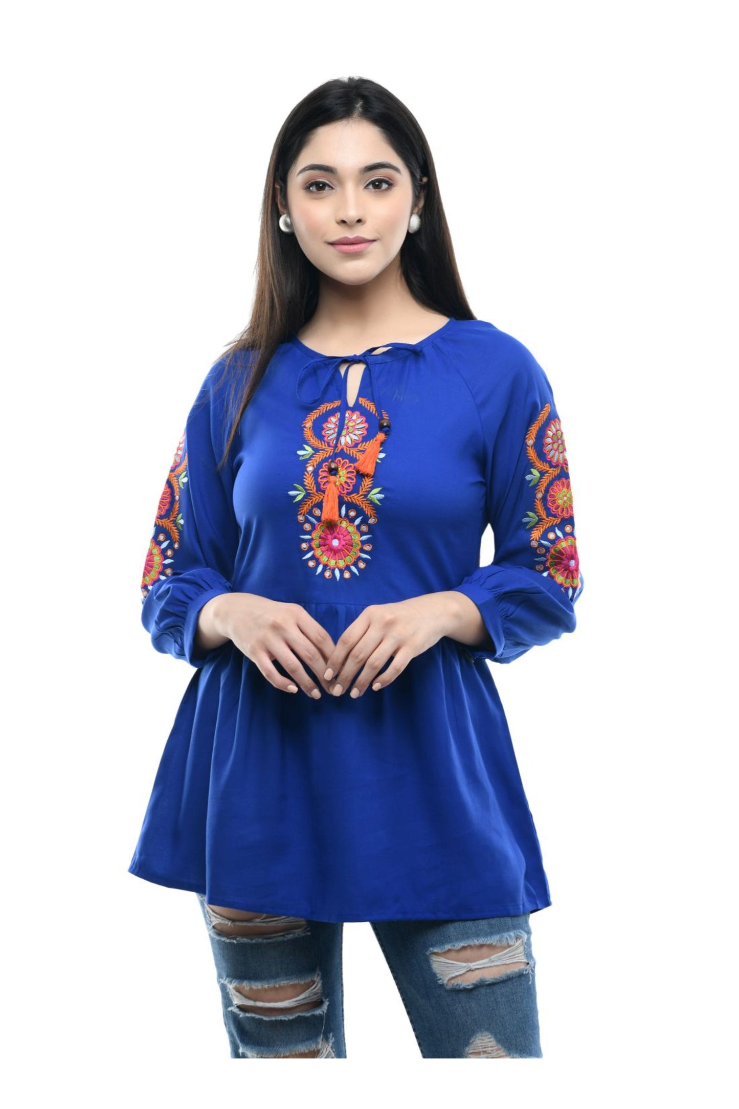 Royal Blue Floral Embroidered Peplum Top | Vaamii