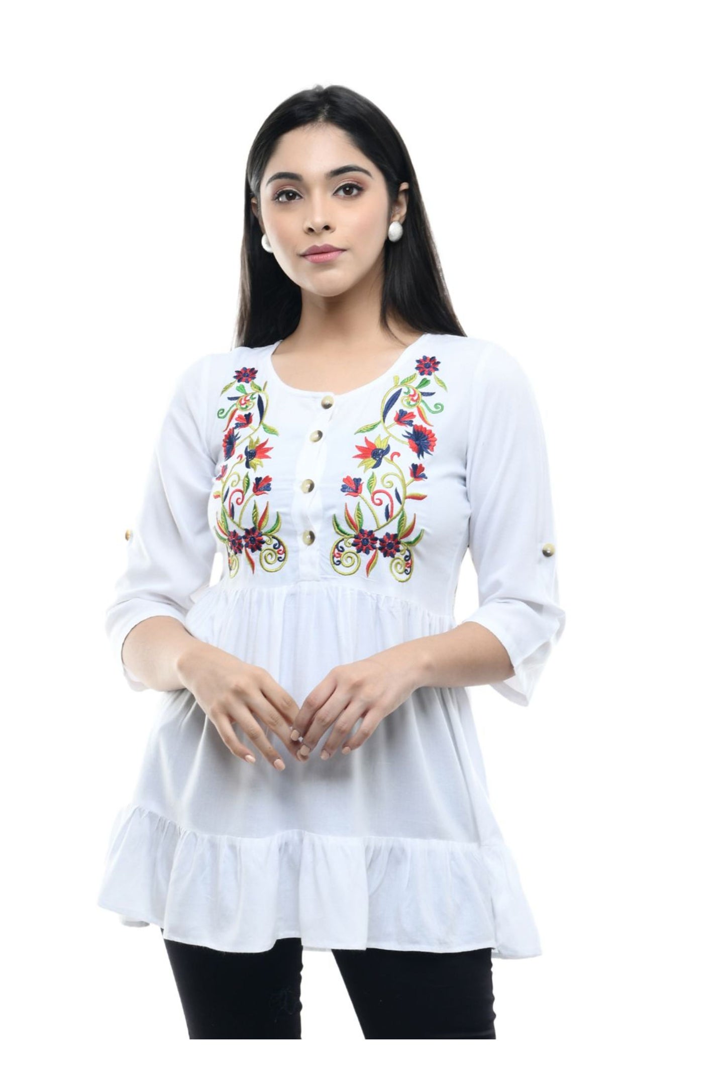White Multicolor Floral Embroidered Peplum Tunic Top | Vaamii