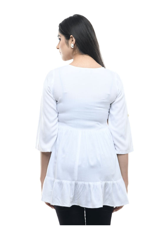 White Multicolor Floral Embroidered Peplum Tunic Top | Vaamii