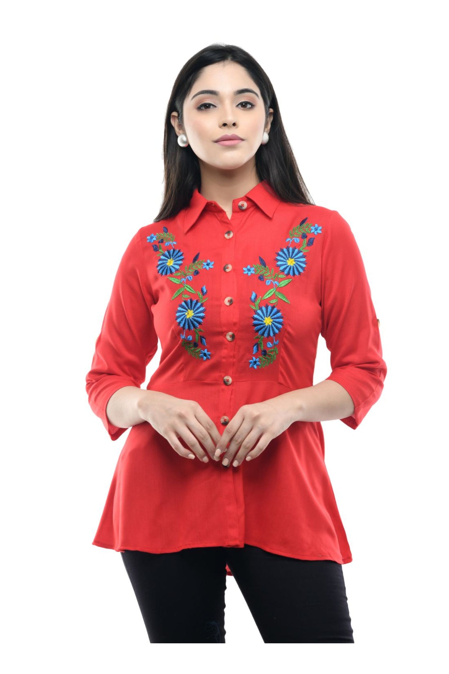 Red Floral Embroidered Peplum Shirt Top | Vaamii