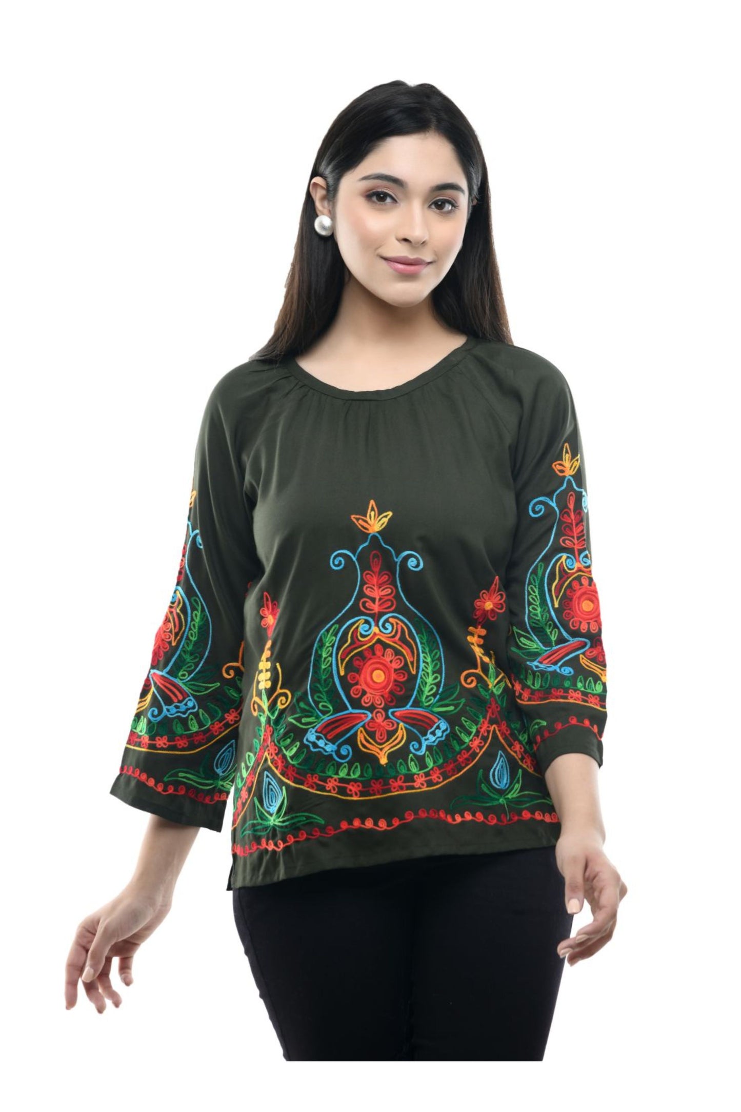 Olive Green Multicolor Boho Embroidered Tunic Top | Vaamii