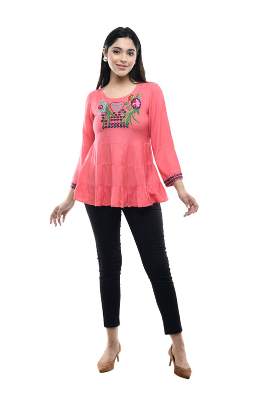 Peach Pink Floral Embroidered Tiered Peplum Top | Vaamii