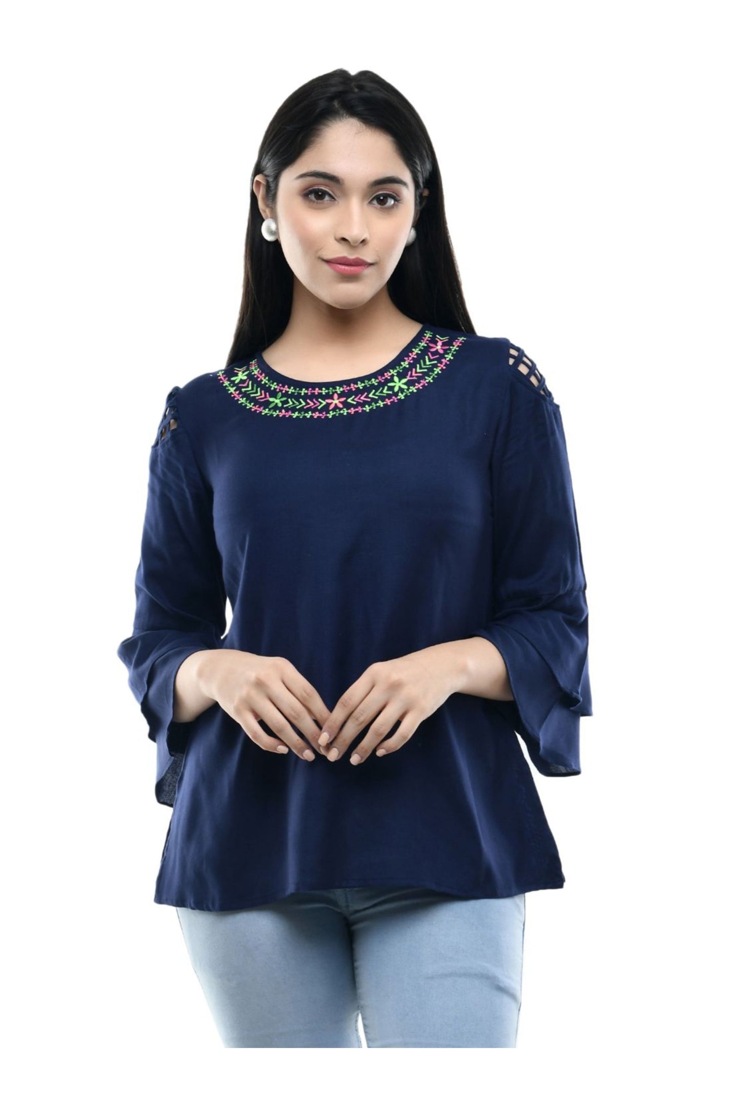 Navy Blue Embroidered Neck Flared Sleeve Top | Vaamii