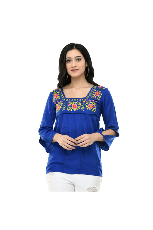 Royal Blue Floral Yoke Embroidered Straight Top | Vaamii