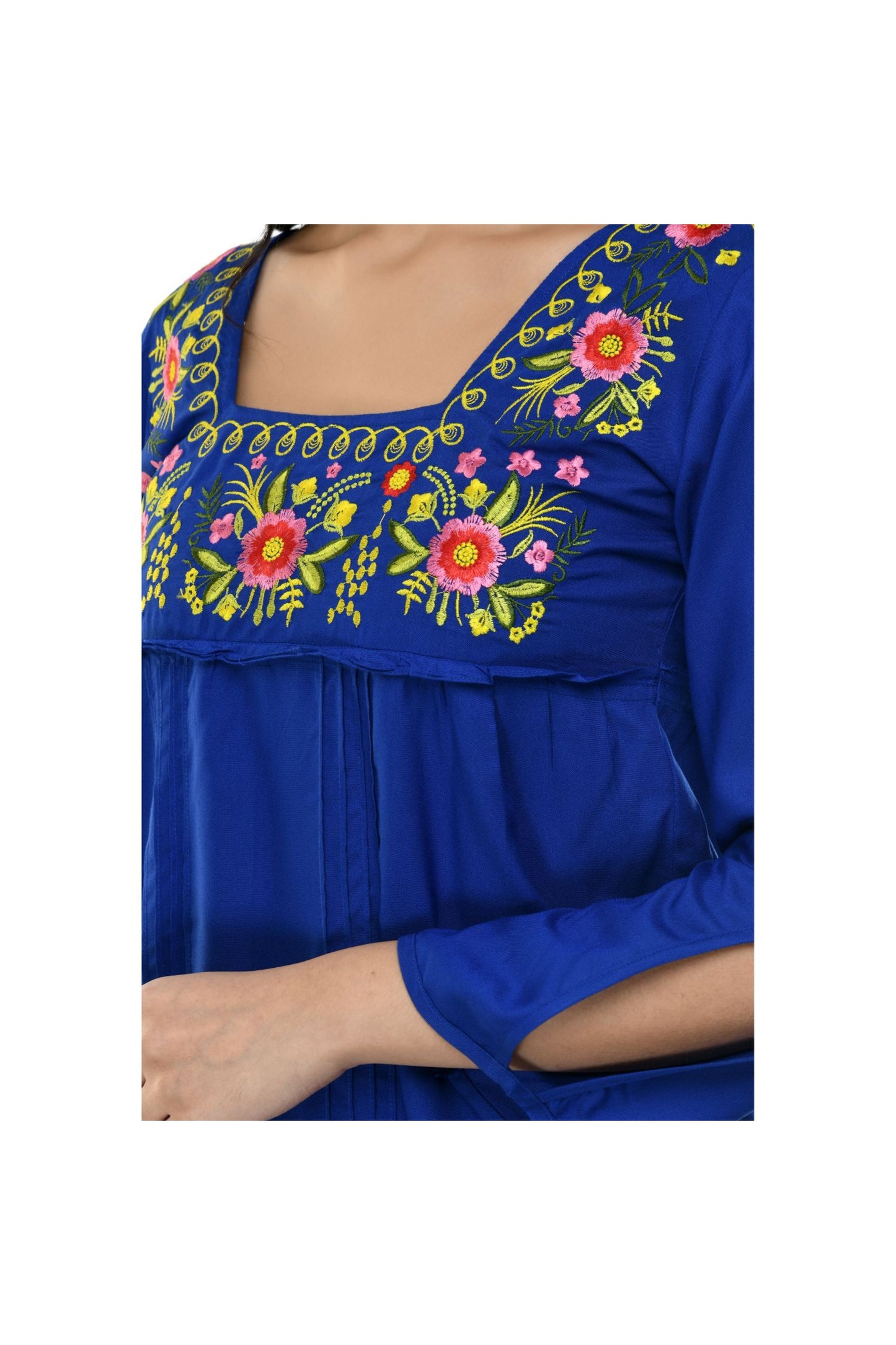 Royal Blue Floral Yoke Embroidered Straight Top | Vaamii