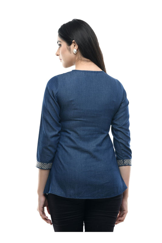 Indigo Denim Heritage Embroidered Top | Vaamii