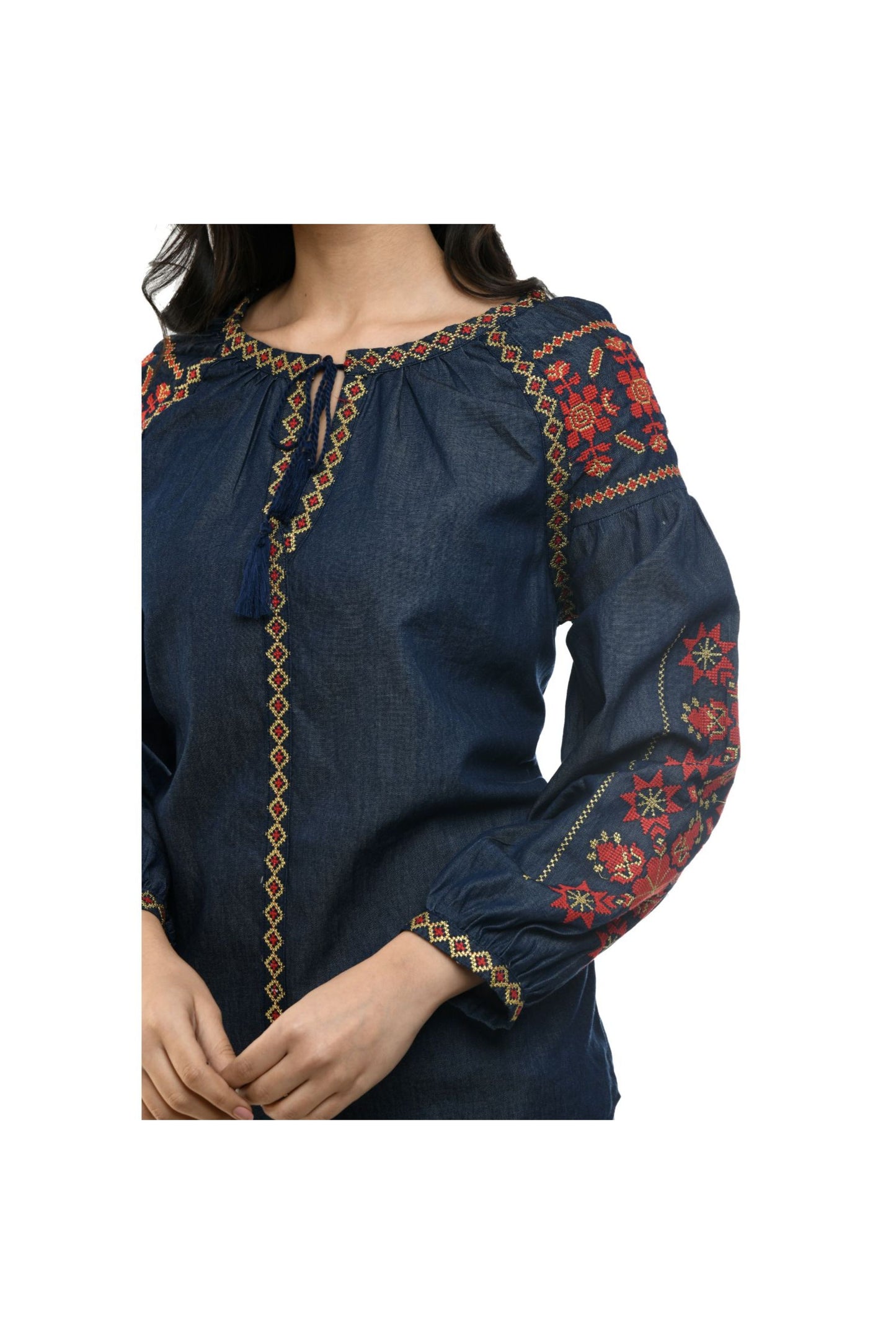 Denim Indigo Folk Embroidered Tunic Top | Vaamii