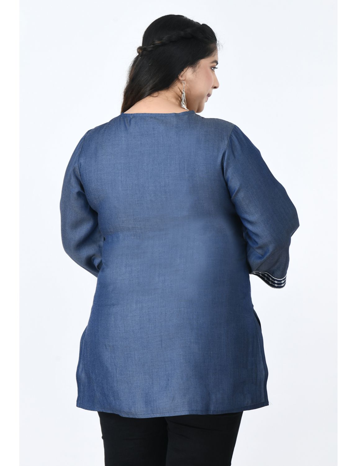 Indigo Denim Embroidered Neckline Top for Women | Vaamii