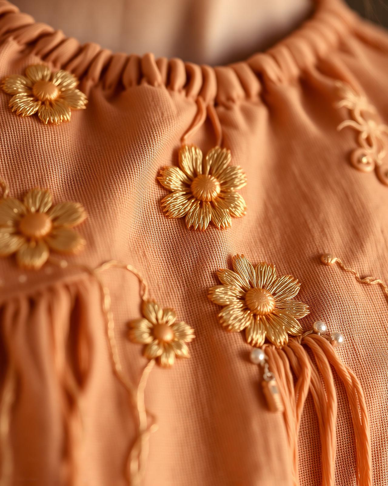 Macro close-up of gold floral hand embroidery on a clay-toned tunic
