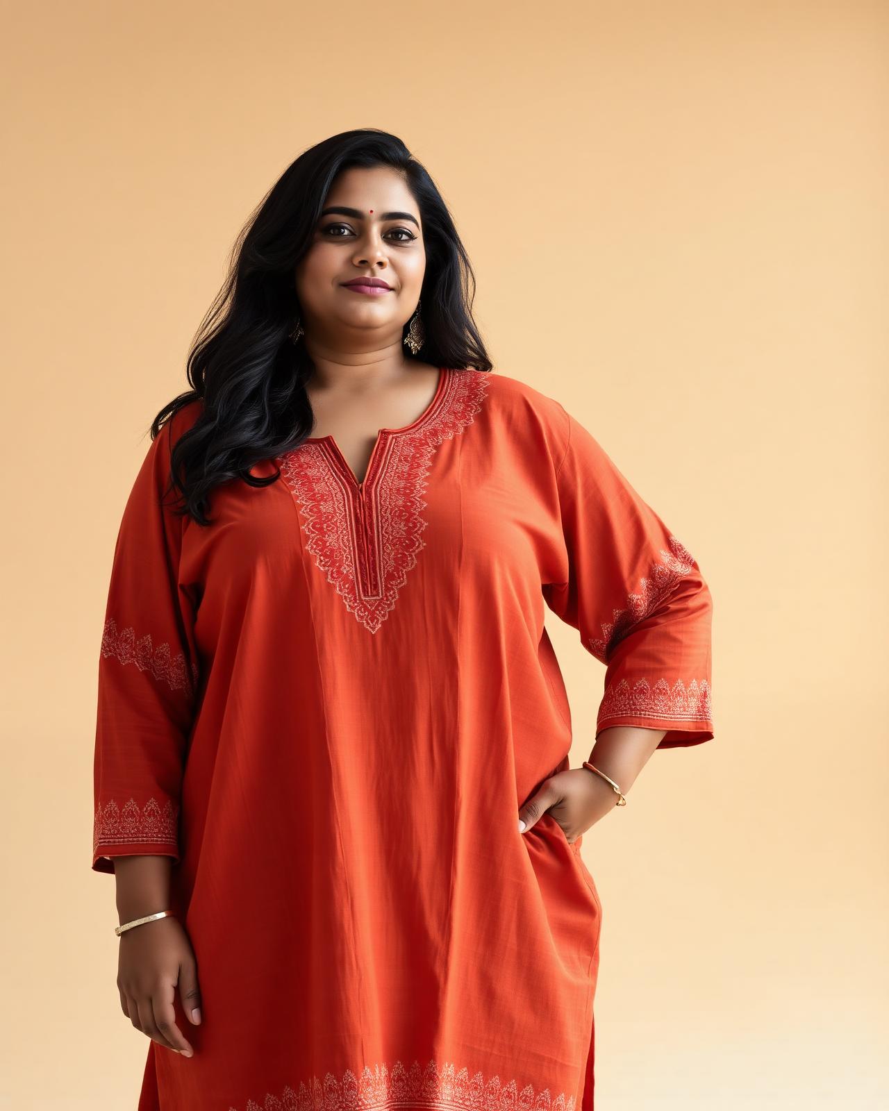 Plus-size model in a clay-red hand-embroidered Vaamii tunic top