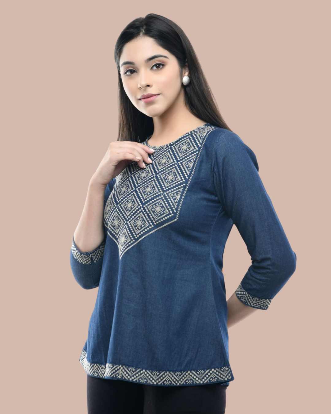 Indigo Denim Heritage Embroidered Top | Vaamii
