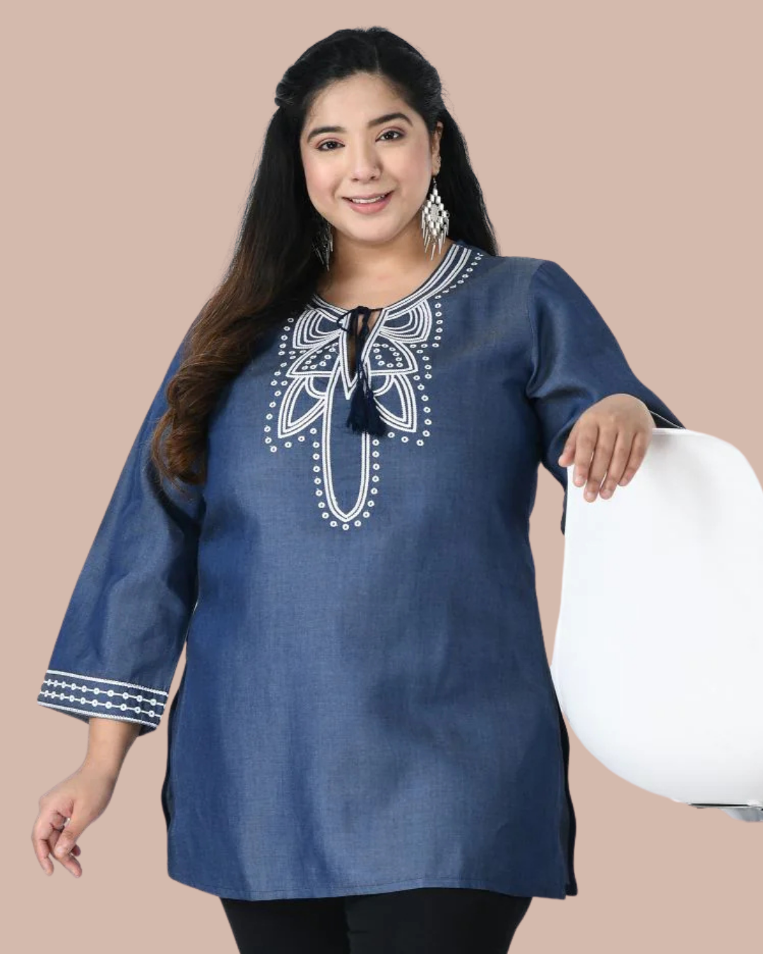 Indigo Denim Embroidered Neckline Top for Women | Vaamii