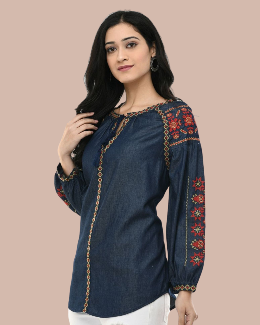 Denim Indigo Folk Embroidered Tunic Top | Vaamii