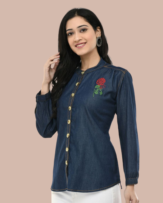 Indigo Denim Floral Button-Front Shirt Top | Vaamii