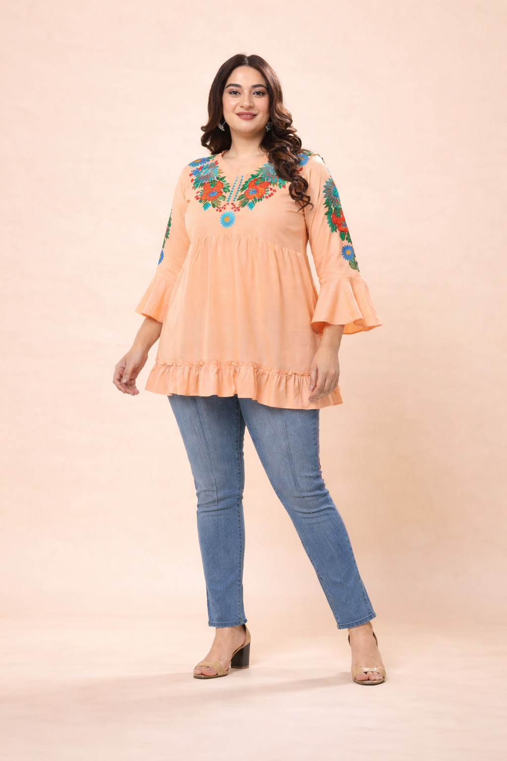 Peach Floral Embroidered Tiered Peplum Top | Vaamii