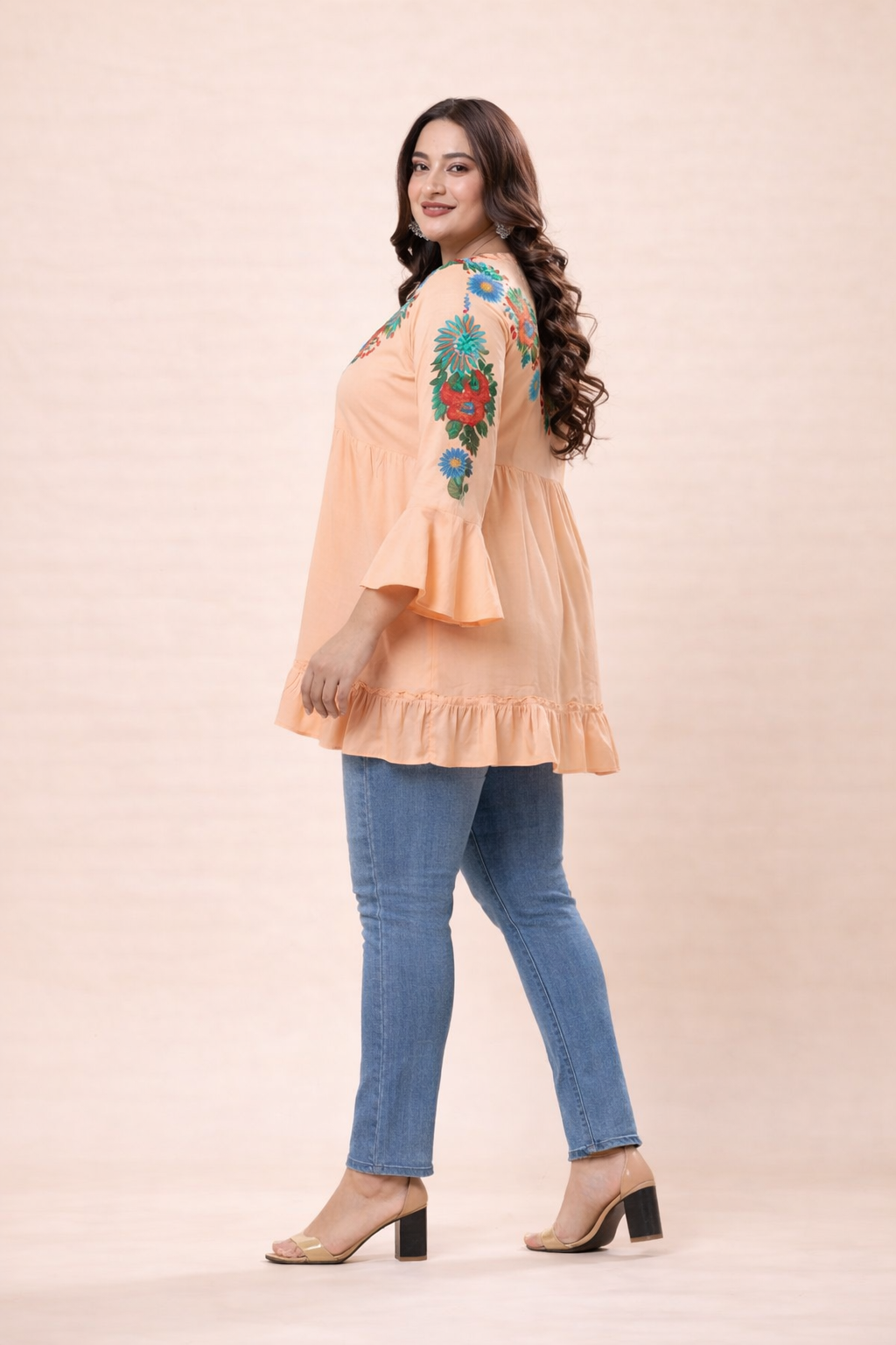 Peach Floral Embroidered Tiered Peplum Top | Vaamii