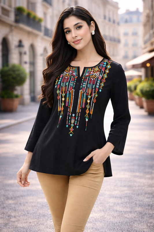 Black Multicolor Ethnic Embroidered Tunic Top | Vaamii