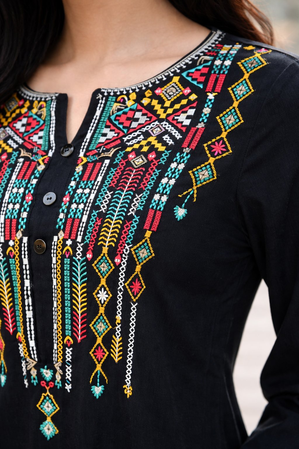 Black Multicolor Ethnic Embroidered Tunic Top | Vaamii