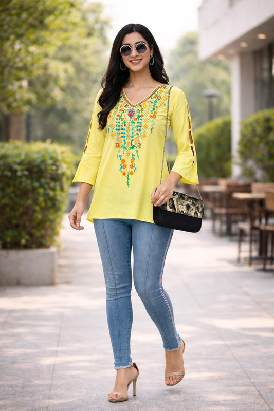 Lime Yellow Floral Yoke Embroidered Straight Top | Vaamii