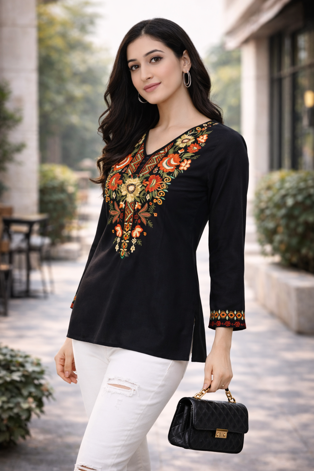 Black Floral Yoke Embroidered Straight Top | Vaamii