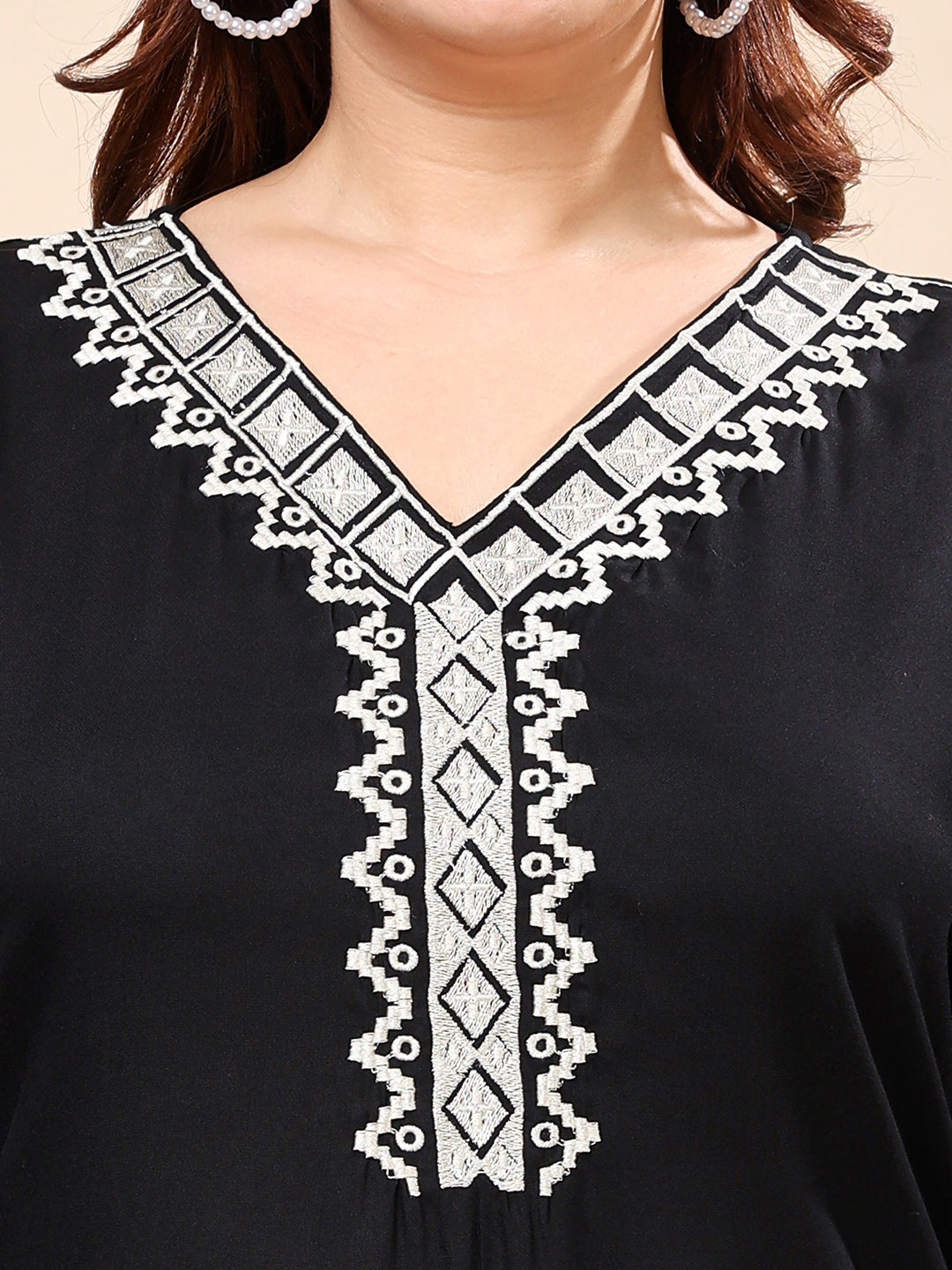 Black Rayan Embroidered V-Neck Top for Women | Vaamii