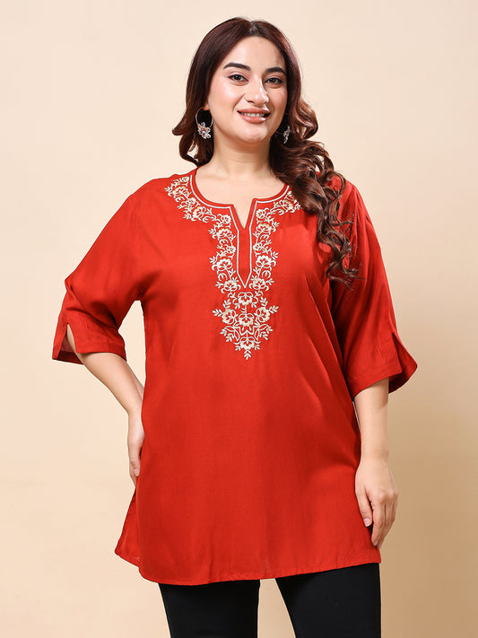 Red Rayan Embroidered Neckline Top for Women | Vaamii