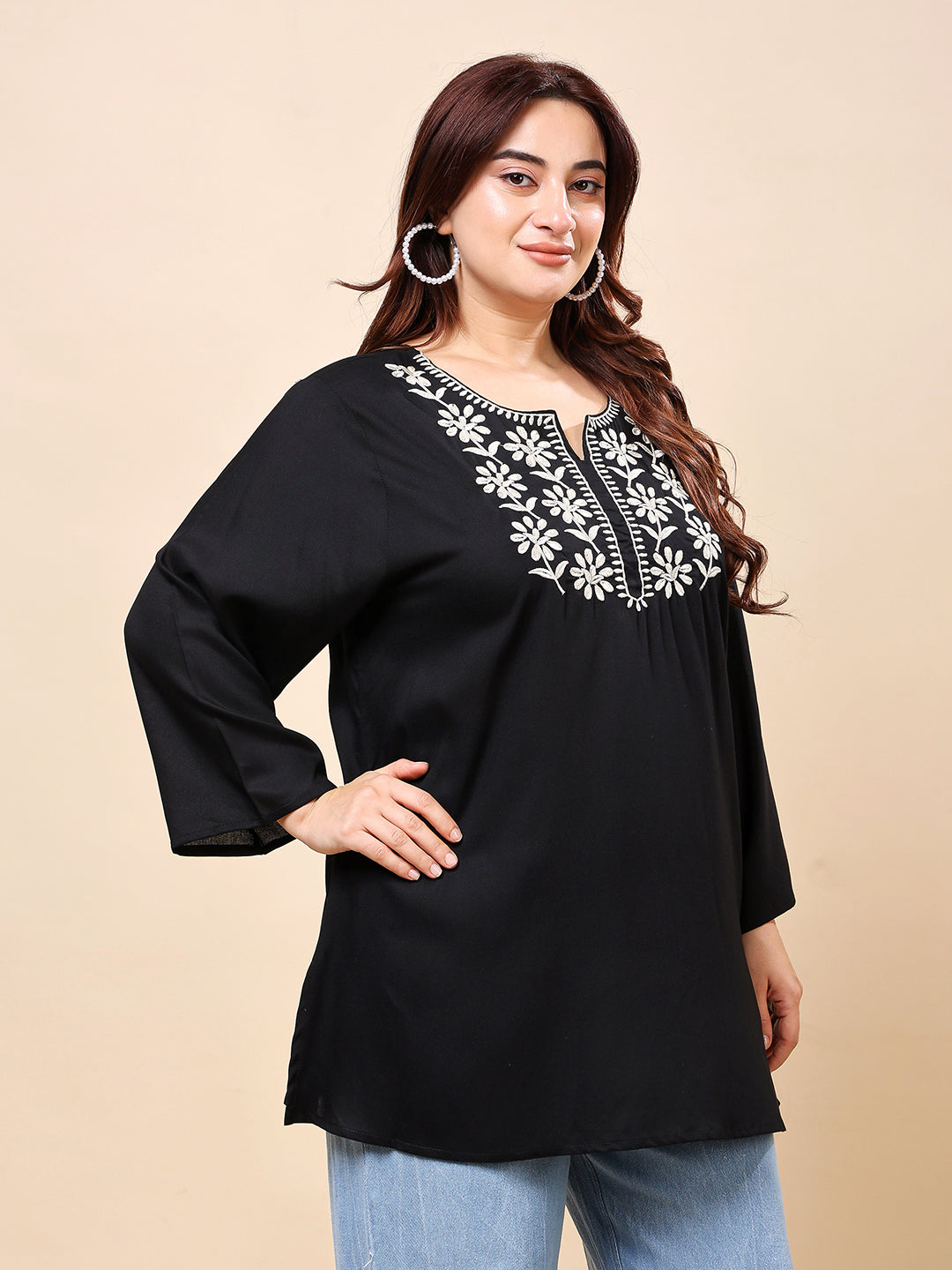 Black White Daisy Embroidered Rayon Tunic Top  | Vaamii