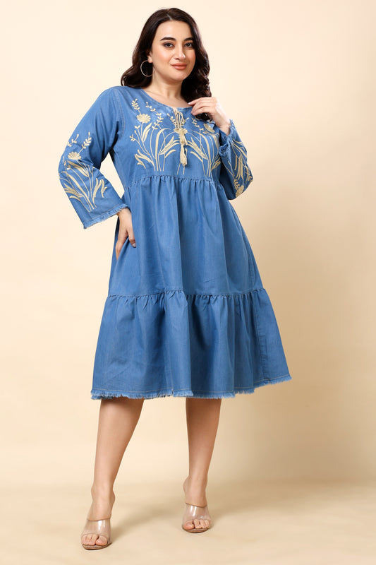 Denim Blue Embroidered Tiered A-Line Dress for Women
