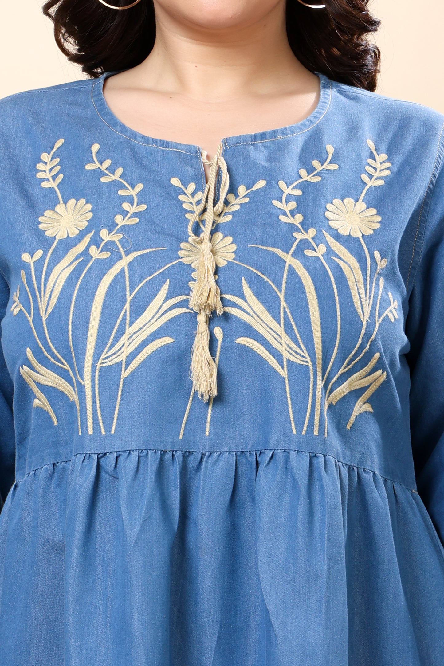 Denim Blue Embroidered Tiered A-Line Dress for Women