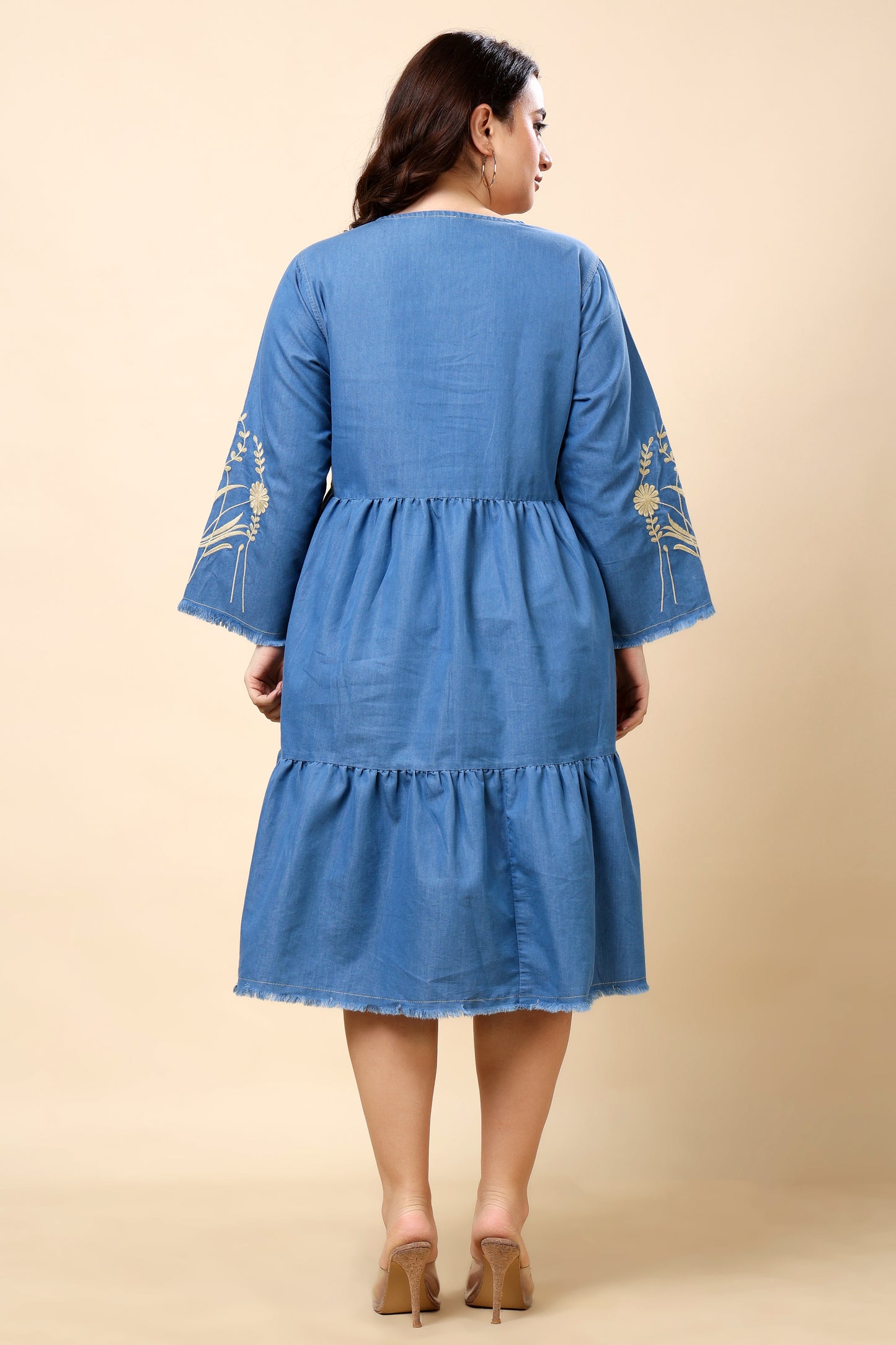 Denim Blue Embroidered Tiered A-Line Dress for Women