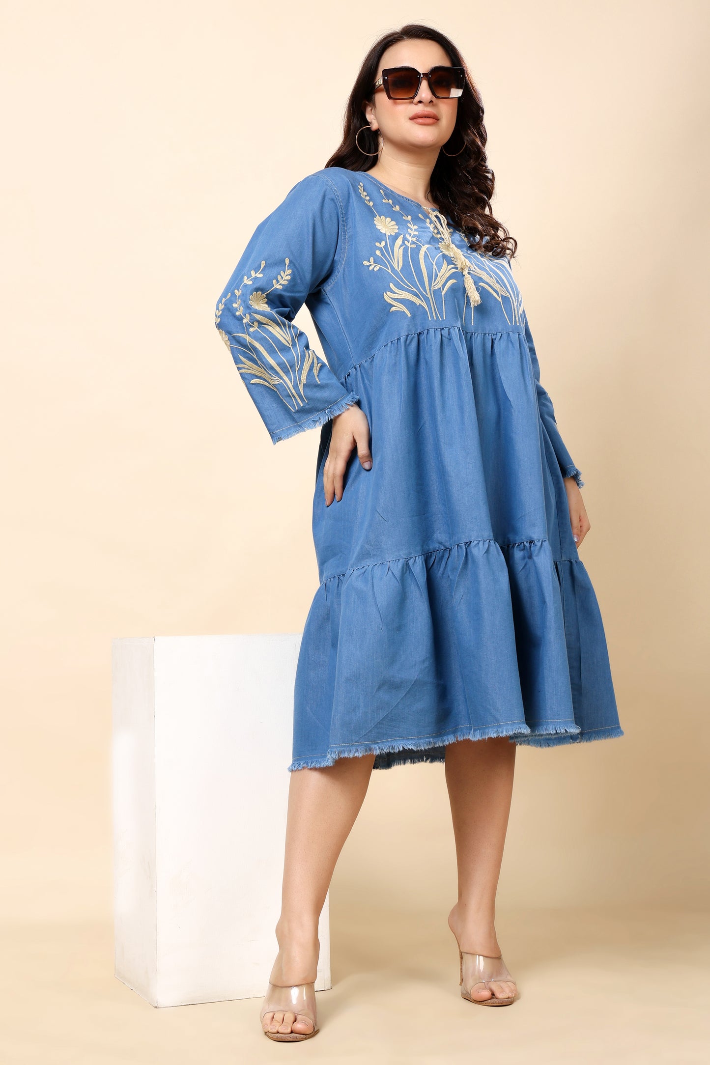 Denim Blue Embroidered Tiered A-Line Dress for Women