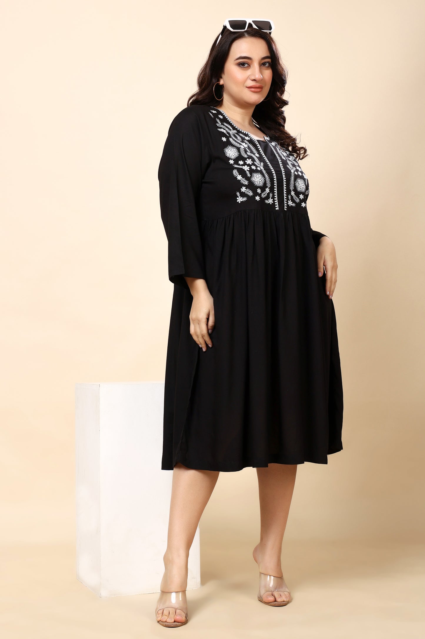 Black Plus Size Embroidered A-Line Midi Dress for Women