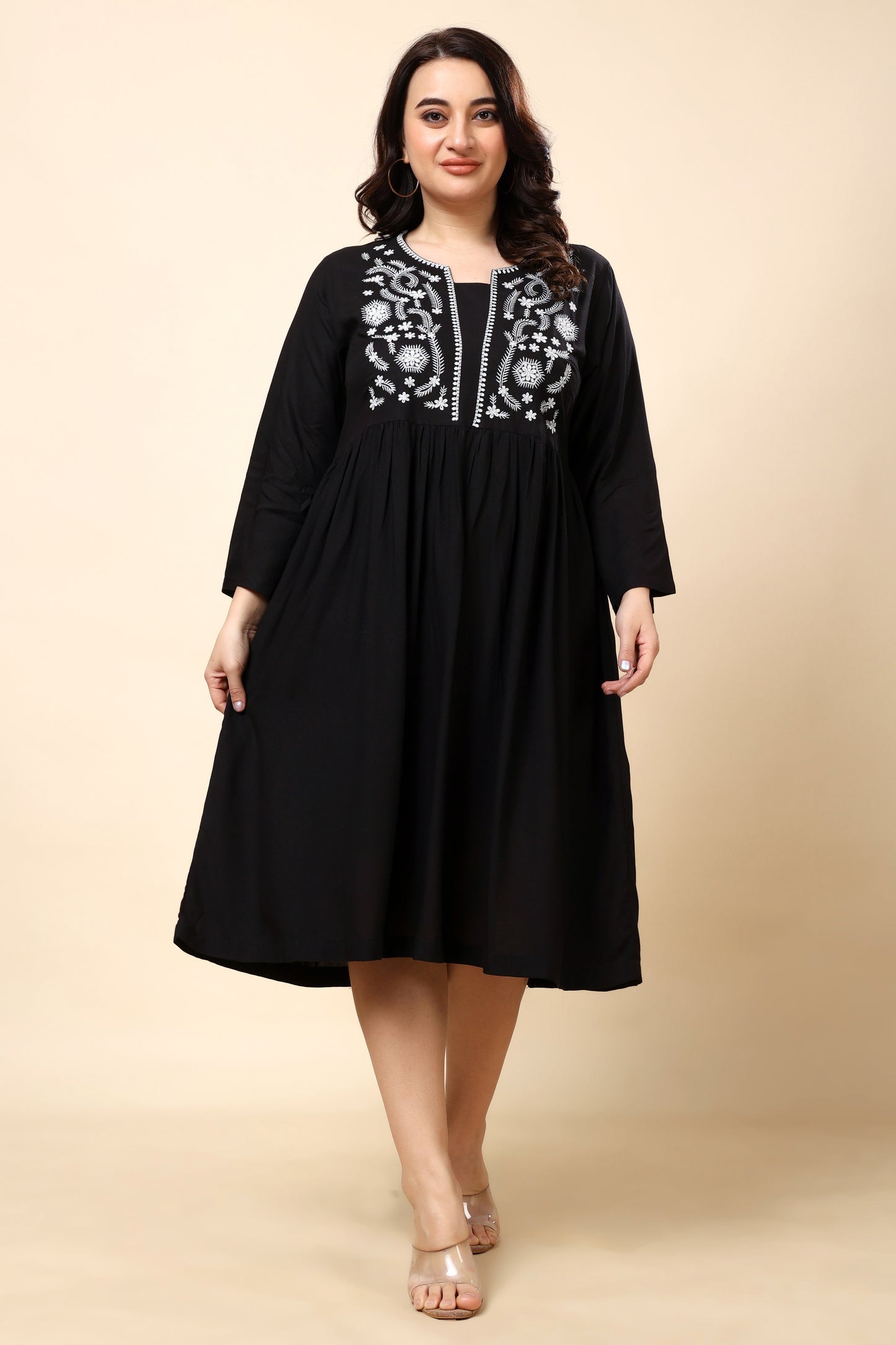 Black Plus Size Embroidered A-Line Midi Dress for Women