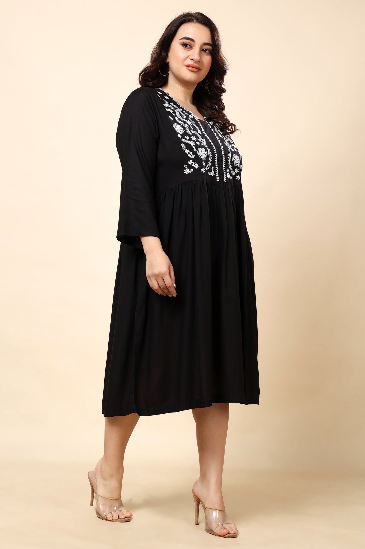Black Plus Size Embroidered A-Line Midi Dress for Women