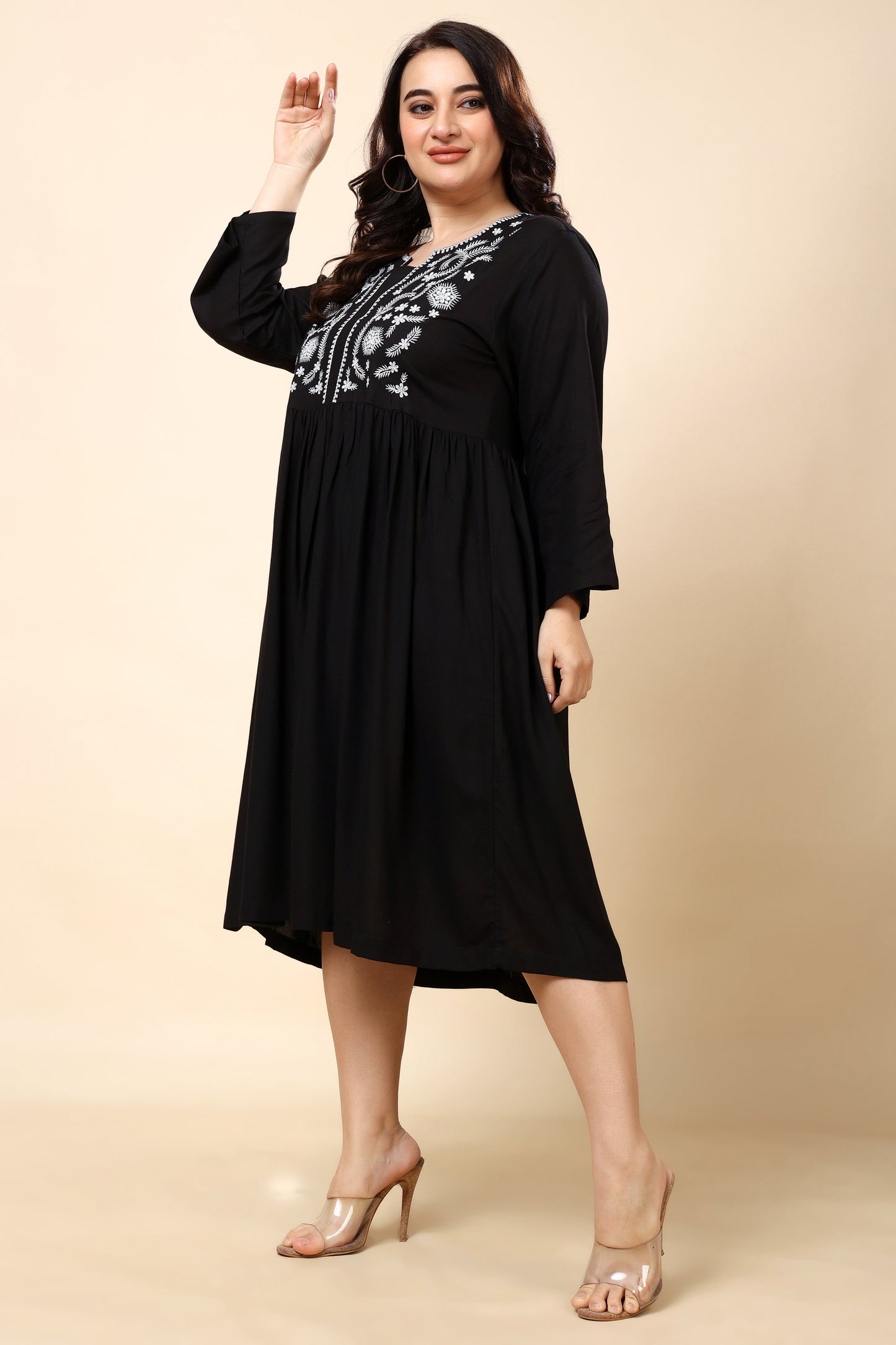 Black Plus Size Embroidered A-Line Midi Dress for Women